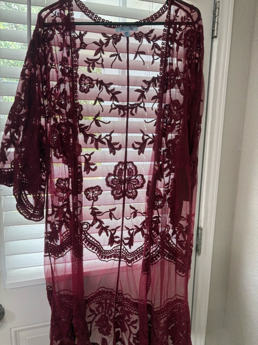 She + Sky Wine Lace Embroidered Open Duster